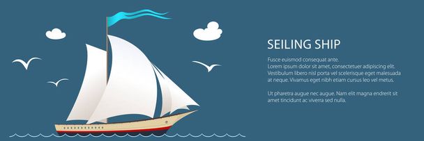 Jachta na Banner vlny, plachetní loď na moři a Text, cestovní koncept, vektorové ilustrace - Vektor, obrázek