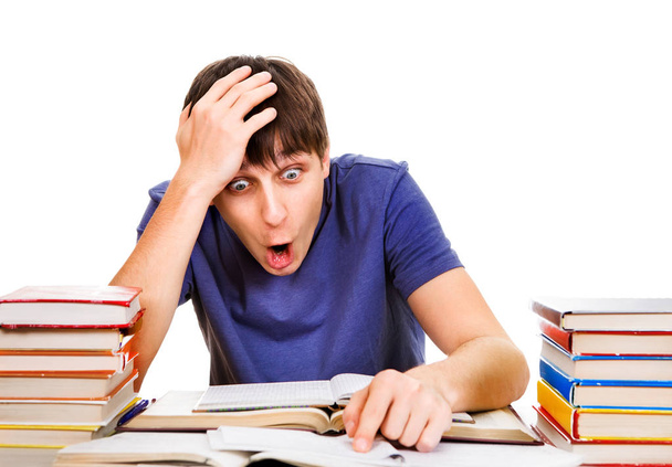 Shocked Student with a Books Isolated on the White Background - Φωτογραφία, εικόνα