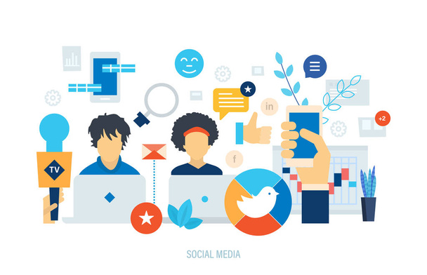 Marketing social, planificación de medios, publicidad en red, comunicación de redes de personas
. - Vector, imagen