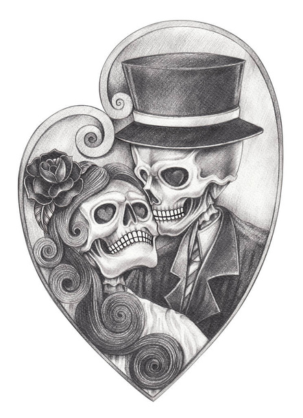 Art Couple Skulls Day of the dead. Hand pencil drawing on paper. - Photo, Image