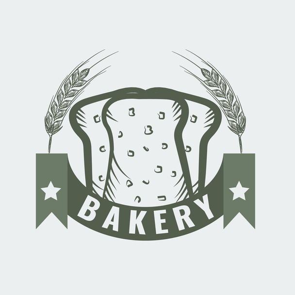 Логотип пекарни с нарезанным свежим хлебом, пшеницей, лентой и звездами. Рисунок в стиле векторной иллюстрации
. - Вектор,изображение