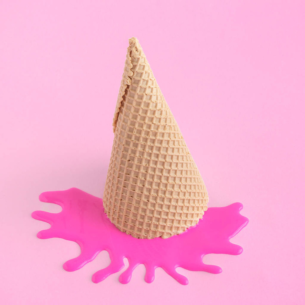 High angle view of ice cream against pastel pink background minimal creative concept. - Foto, immagini