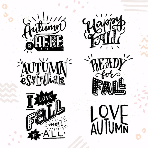 Set of six inspirational autumn hand lettering quotes. Cute and cozy fall woods and phrases. Vector illustration. - Vector, Image