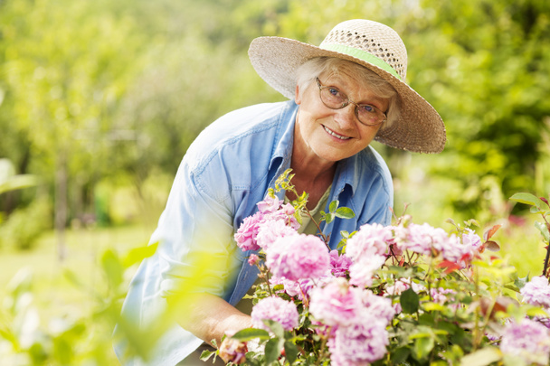 年配の女性の花を持つ - 写真・画像