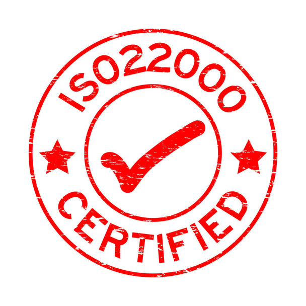 Grunge rojo ISO 22000 certificado con sello de sello de goma redonda icono de marca sobre fondo blanco
 - Vector, Imagen
