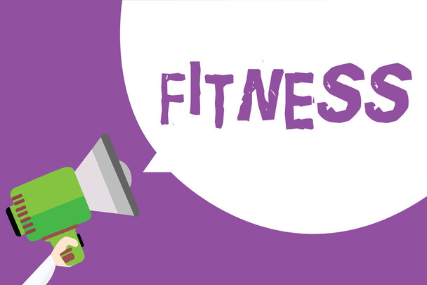 Word writing text Fitness. Business concept for Condition physically fit healthy Training Workout Suitable for role Man holding megaphone loudspeaker speech bubble message purple background. - Photo, Image