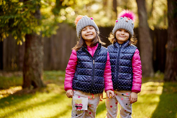 twee kleine meisjes in een cap en jas staan op het gras in een park in een herfst bos - Foto, afbeelding