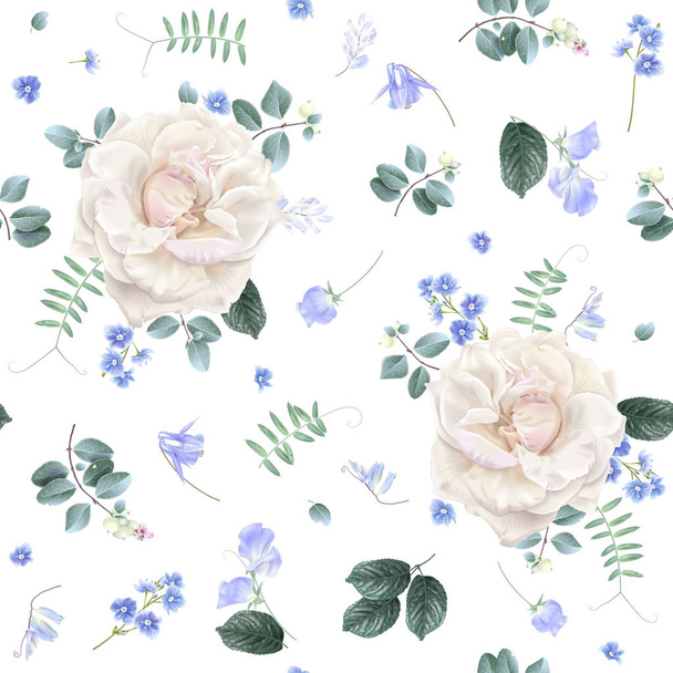 Beyaz gül ve mavi çiçek çiçek desenli - Vektör, Görsel