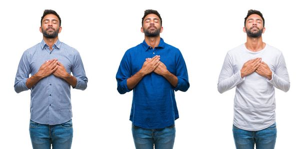 Collage eines gut aussehenden jungen indischen Mannes vor isoliertem Hintergrund, der mit geschlossenen Augen und dankbarer Geste auf der Brust lächelt. Gesundheitskonzept. - Foto, Bild