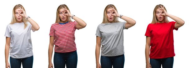 Collage de joven hermosa mujer rubia con una camiseta sobre fondo blanco aislado haciendo gesto ok conmocionado con la cara sorprendida, los ojos mirando a través de los dedos. Expresión incrédula
. - Foto, imagen