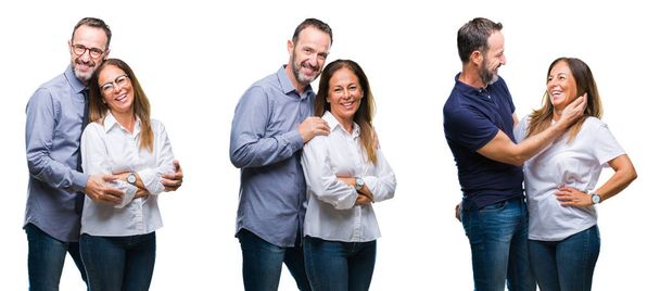 Collage of middle age mature beautiful couple of senior wife and husband over white isolated background happy face smiling with crossed arms looking at the camera. Positive person. - Foto, Bild