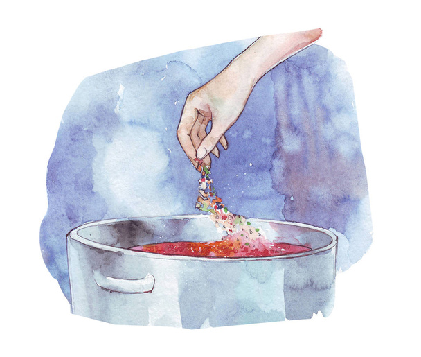 Női kéz ömlött rá élelmiszer akvarell illusztráció fűszerek - Fotó, kép