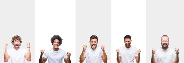 Collage de jóvenes caucásicos, hispanos, afro hombres con camiseta blanca sobre fondo blanco aislado emocionados por el éxito con los brazos levantados celebrando la victoria sonriendo. Concepto ganador
. - Foto, Imagen