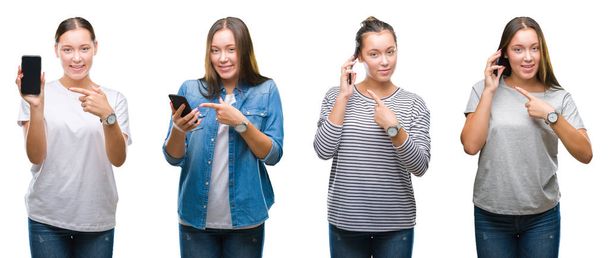 Kolaż z młoda dziewczyna przy użyciu smartfona biały na białym tle bardzo szczęśliwy, wskazując z dłoni i palców - Zdjęcie, obraz