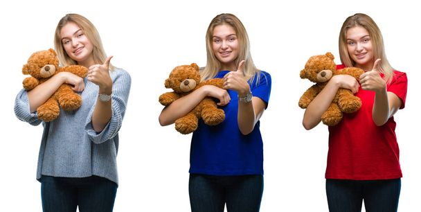 Collage of young beautiful blonde woman holding teddy bear over white isolated backgroud happy with big smile doing ok sign, thumb up with fingers, excellent sign - Photo, Image