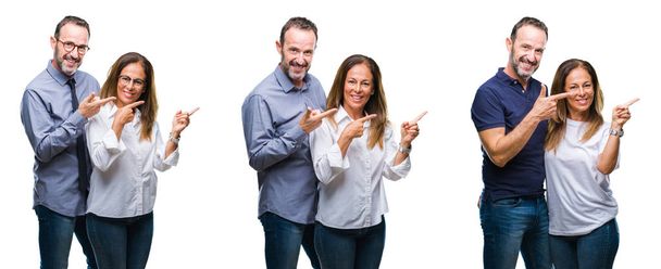 Colagem de meia idade madura belo casal de esposa sênior e marido sobre fundo isolado branco sorrindo e olhando para a câmera apontando com duas mãos e dedos para o lado
. - Foto, Imagem
