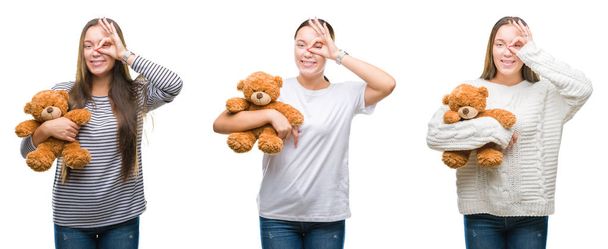 Collage of young girl holding teddy bear over white isolated background with happy face smiling doing ok sign with hand on eye looking through fingers - Photo, image