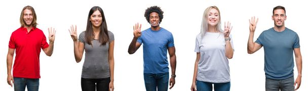 Σύνθεση του Αφρικανικός Αμερικανός και Ισπανικός καυκάσια ομάδα ανθρώπων πέρα από το απομονωμένο λευκό φόντο δείχνει και δείχνει προς τα επάνω με τα δάχτυλα αριθμός τέσσερα ενώ χαμογελώντας αυτοπεποίθηση και χαρούμενοι. - Φωτογραφία, εικόνα