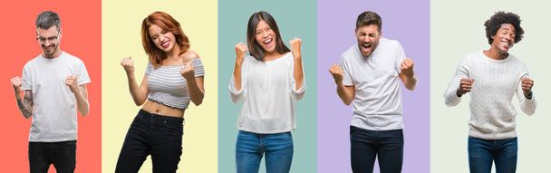 Composición de afroamericanos, hispanos y chinos grupo de personas sobre fondo de color vintage muy feliz y emocionado haciendo gesto ganador con los brazos levantados, sonriendo y gritando por el éxito. Concepto de celebración
. - Foto, imagen