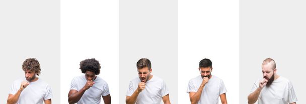 Kollázs, kaukázusi, latin, afro fiatalember visel fehér póló, felső fehér elszigetelt háttér közérzet és köhögés, mint tünet a hideg vagy a hörghurut. Egészségügyi koncepció. - Fotó, kép