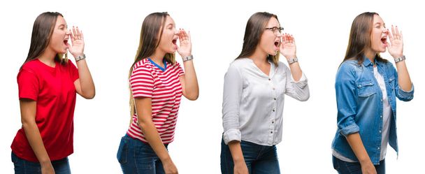 Collage of young beautiful girl over white isolated background shouting and screaming loud to side with hand on mouth. Communication concept. - Photo, Image