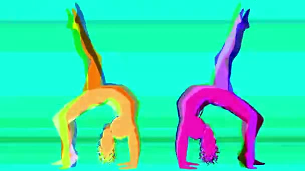 Σιλουέτα της γυναίκας που κάνει ασκήσεις σε πολύχρωμο φόντο - Πλάνα, βίντεο
