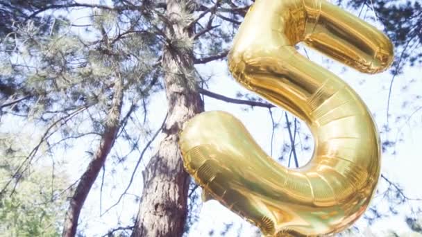Lassú mozgás. Szám öt arany léggömb a kis születésnapi partiján a városi park - Felvétel, videó