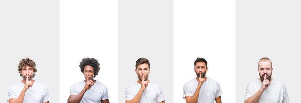 Collage of young caucasian, hispanic, afro men wearing white t-shirt over white isolated background asking to be quiet with finger on lips. Silence and secret concept. - Foto, Imagem