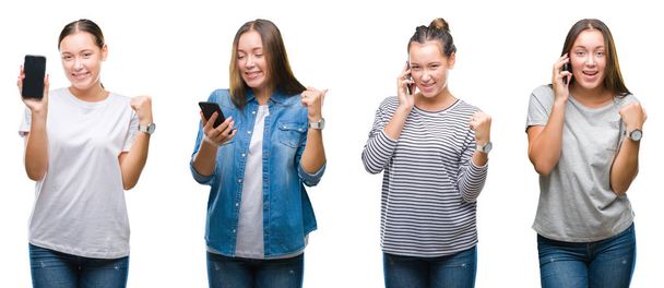 Collage of young girl using smartphone over white isolated background screaming proud and celebrating victory and success very excited, cheering emotion - Foto, imagen
