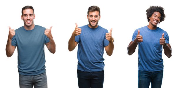 Collage of group of hispanic and african american men over isolated background success sign doing positive gesture with hand, thumbs up smiling and happy. Looking at the camera with cheerful expression, winner gesture. - Photo, Image