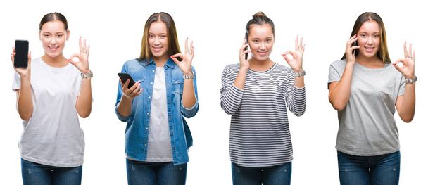 Collage di giovane ragazza utilizzando smartphone su sfondo bianco isolato facendo ok segno con le dita, simbolo eccellente
 - Foto, immagini