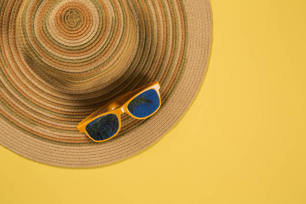 Summer vacation concept flat lay. Beach accessories top view. Space for text. travel. - 写真・画像