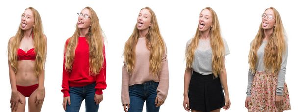 Колаж молодої блондинки над білим ізольованим фоном, що стирчить з язиком щасливим виразом. Концепція емоцій
. - Фото, зображення