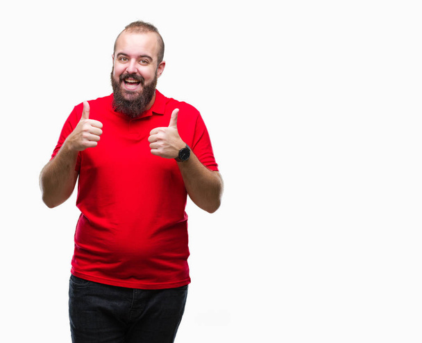 Homem jovem hipster caucasiano vestindo camisa vermelha sobre sinal de sucesso fundo isolado fazendo gesto positivo com a mão, polegares para cima sorrindo e feliz. Olhando para a câmera com expressão alegre, gesto vencedor
. - Foto, Imagem