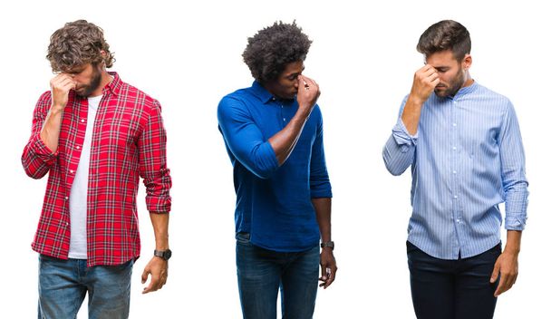 Collage d'un groupe d'hommes afro-américains et hispaniques sur fond isolé fatigué se frottant le nez et les yeux ressentant fatigue et maux de tête. Concept de stress et de frustration
. - Photo, image