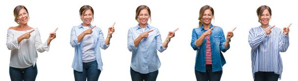 Collage einer hispanischen Frau mittleren Alters vor isoliertem Hintergrund, die lächelnd in die Kamera blickt und mit zwei Händen und Fingern zur Seite zeigt. - Foto, Bild