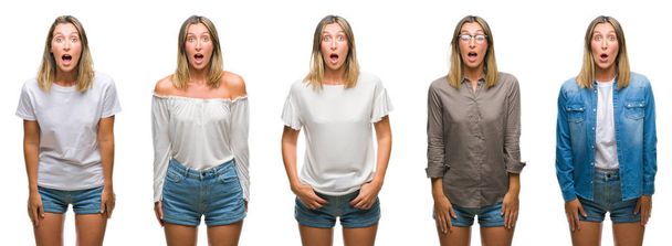 Collage of blonde beautiful woman wearing casual look over white isolated backgroud afraid and shocked with surprise expression, fear and excited face. - Photo, Image