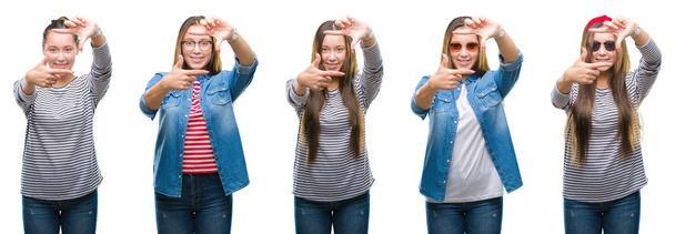 Collage van jonge mooie brunette meisje over witte geïsoleerde achtergrond glimlachend maken frame met handen en vingers met blij gezicht. Creativiteit en fotografie concept. - Foto, afbeelding
