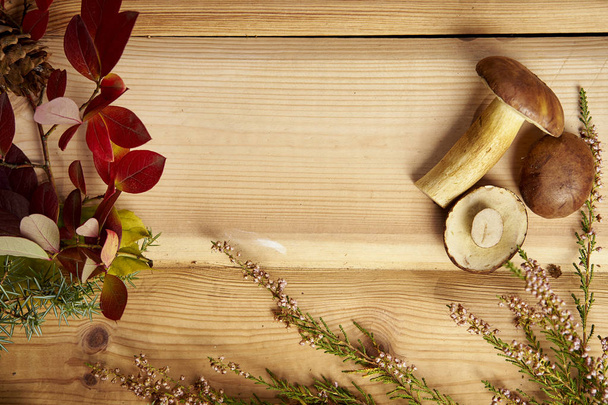 krásná podzimní pozadí s houby listy a hlávky na starý dřevěný stůl - Fotografie, Obrázek