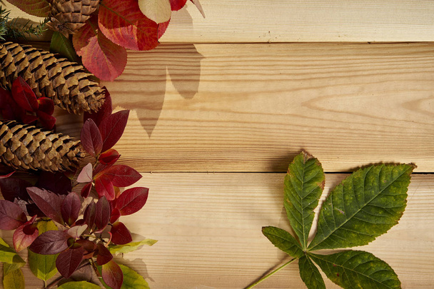 magnifique fond d'automne avec des feuilles, glands et cônes sur une vieille table en bois
 - Photo, image