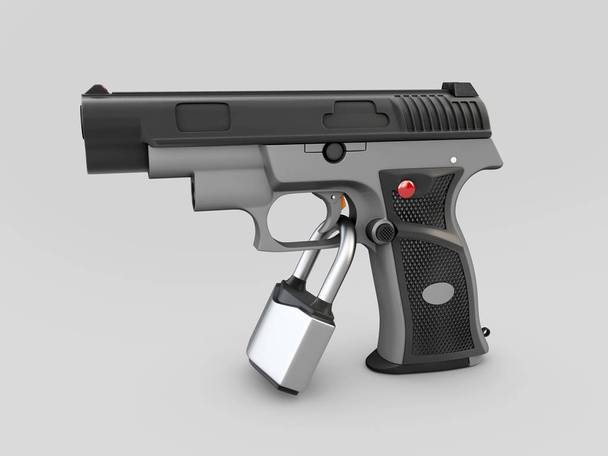 Pojęcie kontroli broni. Gun 3d ilustracja kłódkę, blokada spustu. - Zdjęcie, obraz