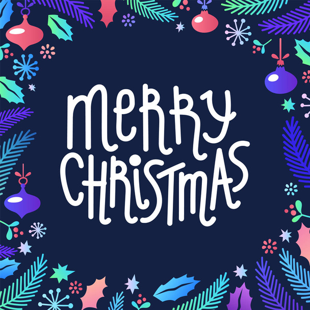 Χριστουγεννιάτικο καρέ, στεφάνι, φιαγμένος από έλατο, φύλλα, κλαδιά, μπάλες και καλά Χριστούγεννα γράμματα σε σκούρο φόντο. Επίπεδη στυλ κινουμένων σχεδίων στοιχεία Χριστούγεννα. Εικονογράφηση διάνυσμα - Διάνυσμα, εικόνα