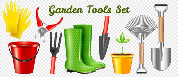 Conjunto transparente de ferramentas de jardim realista
 - Vetor, Imagem