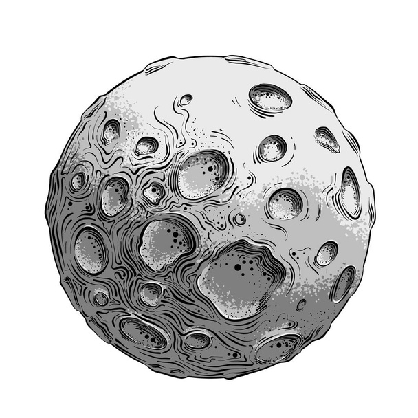 Hand drawn sketch of moon planet in black and white color, isolated on white background. Detailed vintage style drawing. Vector illustration - Vetor, Imagem