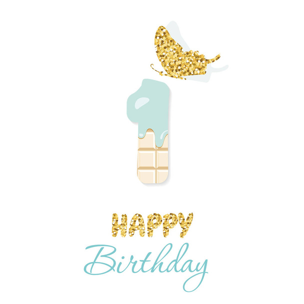 Happy birthday greeting card with chocolate number 1 and glitter butterfly. One year baby boy anniversary. Trendy minimalistic design. Vector EPS10. - ベクター画像