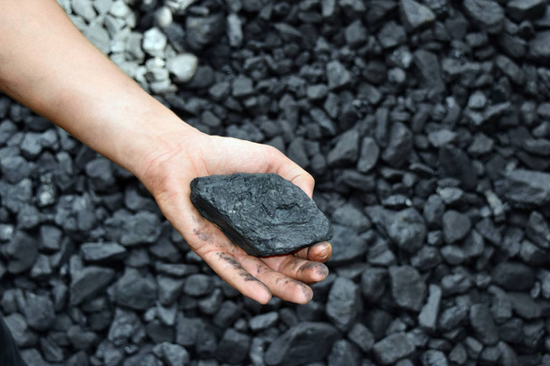 Ruka horník ukazuje uhlí v dole. Obrázek lze použít k myšlence o těžbě uhlí energetické zdroje nebo prostředí ochrana. - Fotografie, Obrázek