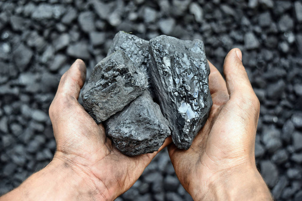Kohle in den Händen eines Bergarbeiters. Bild kann für Ideen über Kohlebergbau, Energiequelle oder Umweltschutz verwendet werden. - Foto, Bild