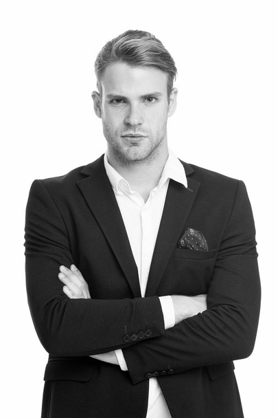 White collar worker. Man well groomed unbuttoned white collar elegant formal suit isolated white background. Macho confident ready work office. Guy office worker crossed arms handsome attractive - Fotografie, Obrázek