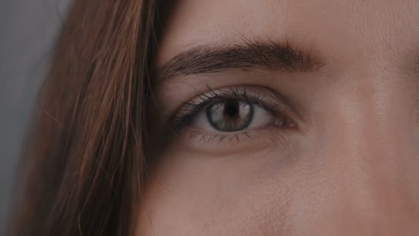 Half face of Young Womans Eye, She Stares Into Camera. Close up of young womans eyes - Filmagem, Vídeo