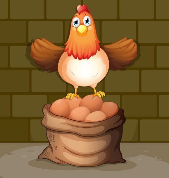 een kip boven een zak vol van eieren - Vector, afbeelding
